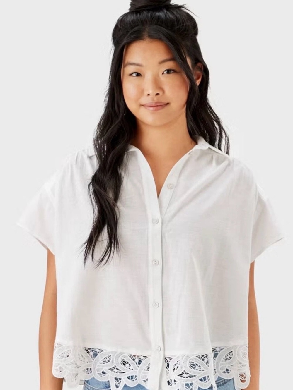 American Eagle Outfitters White Button-Front Top with Lace Hem
